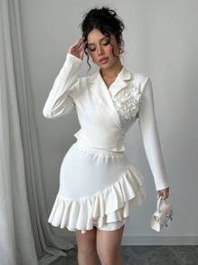 Elenzga 花卉装饰领带腰带短夹克和不对称下摆紧身裙优雅女士两件套西装 - 杏色 - 查看 3