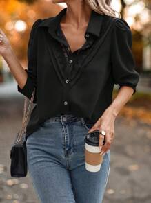 LanaWest Contrast Lace Button Front Shirt Black Blouse For Women