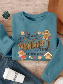 INAWLY Áo nỉ cổ tròn dài tay in họa tiết Giáng sinh This Is The Most Wonderful Time dành cho nữ, thường ngày mùa thu/đông - Màu xanh ngọc - Xem 1