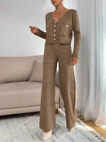 2pcs Women Casual Button Front Long Sleeve Top And Long Pants Set