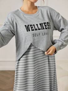 Mulvari Áo nỉ in chữ cổ tròn dài tay đơn giản cho nữ mặc hàng ngày - Xám - Xem 5