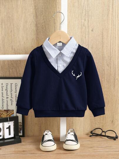 SHEIN Baby Boy Cute Cartoon Pattern Colorblock Striped Long Sleeve Sweatshirt, Versatile For Autumn/Winter, For Christmas
