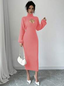 Chiquease V 领无袖紧身毛衣裙 + 交叉灯笼袖短款高领毛衣套装