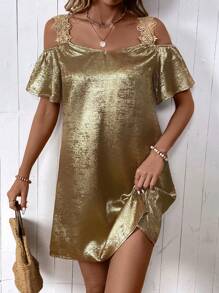 EMERY ROSE Women's Simple Off-Shoulder Gold Everyday Dress, Suitable For Halloween, New Year Party, Holiday