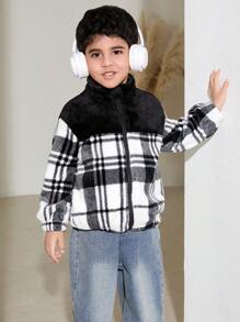 SHEIN Young Boys Fleece-Feel Houndstooth Zipper Jacket, With Contrast Black Panel On Shoulders, Convenient Zip Design, Versatile To Match Various Pants, A Classic Essential - Multicolor - View 5