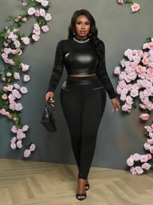 Slaydiva Plus Size Women Casual Sexy PU Splice Solid Black Leggings With Zipper Decor