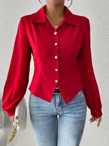 Chiquease 腰部蝴蝶结装饰前开长袖衬衫，圣诞红色可爱优雅女式衬衫，适合新年服装 - 紅色 - 查看 6