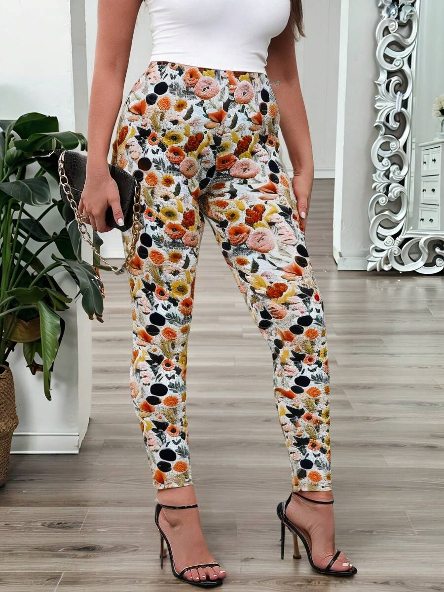 SHEIN LUNE Plus Size Women Printed Skinny Leggings Fall Cloth For Women - Multicolor - View 1