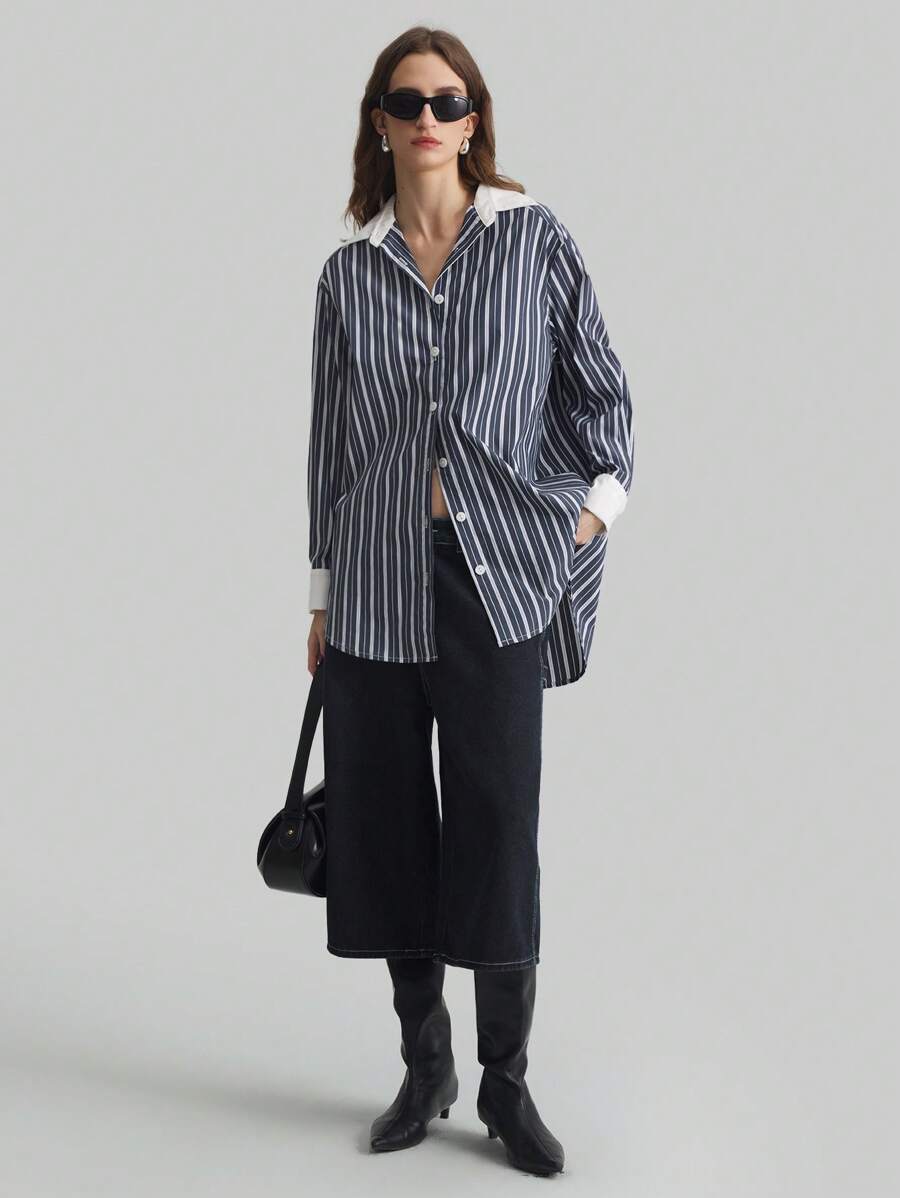 Ontre Áo sơ mi kẻ sọc xanh navy và trắng tương phản, dáng rộng, phong cách đi học thường ngày - Xanh và trắng - Xem 1