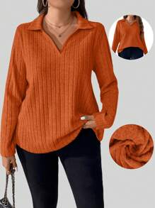Plus Size V-Neck Solid Long Sleeve T-Shirt, Simple Stylish Fall Cloth For Women