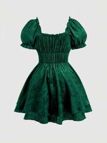 Flirla Plus Size Women's Elegant Floral Jacquard Puff Sleeve Double Hem Midi Dress