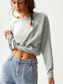 Bohemela Vacation Solid Color Knit Loose Round Neck Raglan Sleeve Long Sleeve Maxi T-Shirt For Women