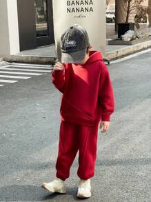 2 件年轻男孩红色基本款百搭休闲连帽两件套运动衫和裤子基本款百搭适合秋冬季节，适合旅行，适合上学，适合日常聚会，适合秋冬季节，送给孩子的圣诞礼物 - 酒紅色 - 查看 2