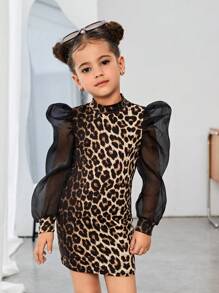 Nova Glow Young Girl 1 cái/bộ Basics Leopard Patchwork tay bồng váy, tuyệt vời cho mặc thường ngày & hàng ngày & đi học hàng ngày vào mùa thu & đông, cho mẹ và con, ngày lễ tình nhân - Cà phê - Xem 6