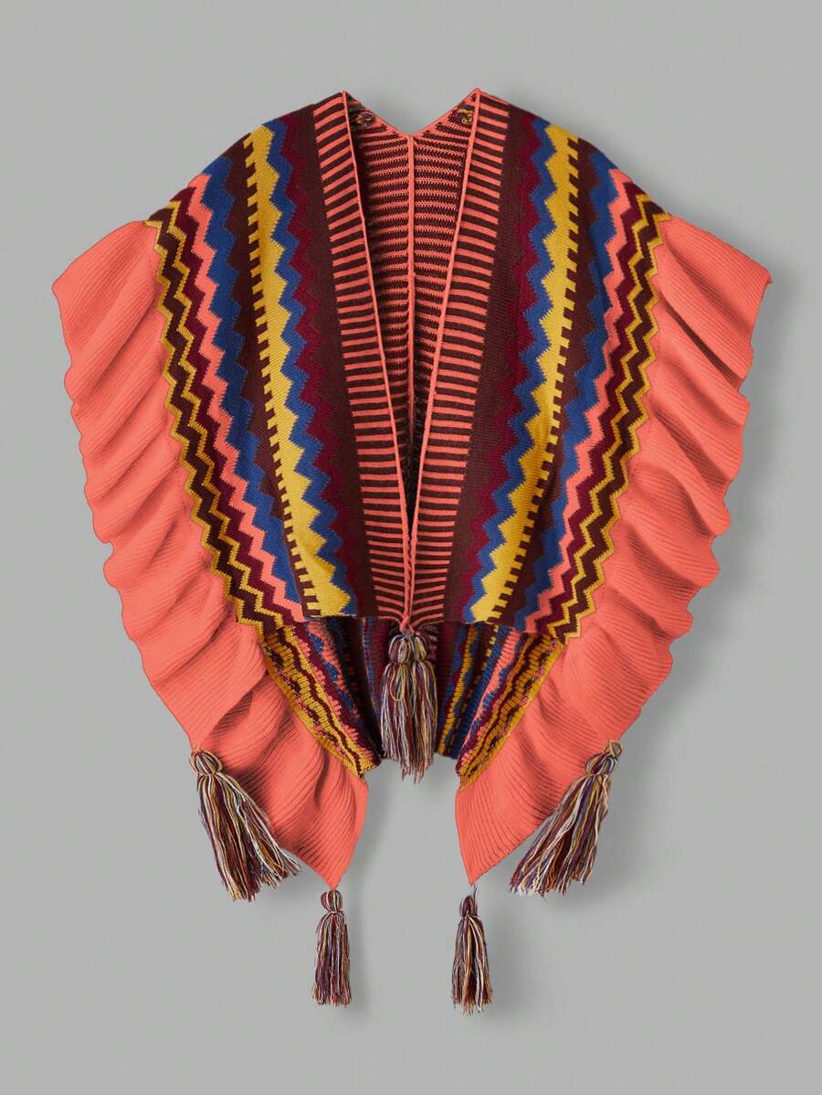 Flirla Bohemian Ruffle Hem Cardigan Poncho Sweater, Plus Size For New Year Clothes - Red - View 1