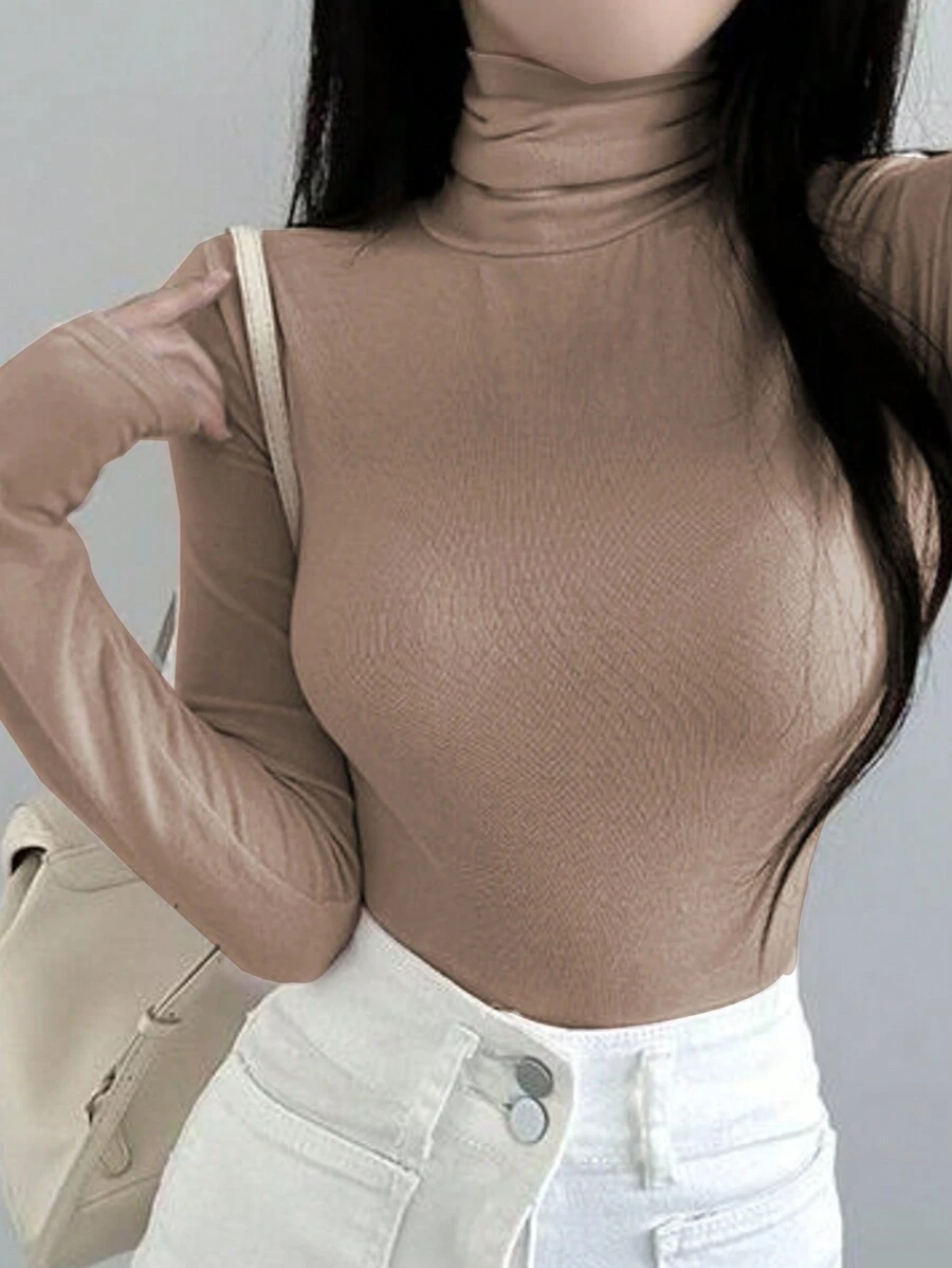 DAZY Women's Turtleneck Slim Fit Base Layer Pullover T-Shirt Long Sleeve Women Tops,Fall Women Clothes - Apricot - View 1