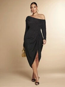 SHEIN BAE Plus Size Women's Black Autumn Elegant Formal Evening Night Out Club Shiny Off-Shoulder Long Sleeve Dress,Valentine's Day,Christmas,Slit,Beads,Party - Black - View 2