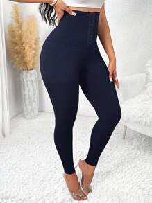 SHEIN Lady 秋冬休闲优雅运动黑色针织前扣女士紧身裤