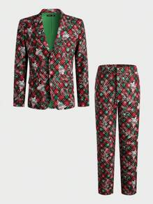 Manfinity VCAY 2pcs Men's Christmas Tree Print Knit Shawl Collar Open Front Casual Blazer And Straight Leg Casual Suit Pants Set, Suitable For Autumn Christmas Party