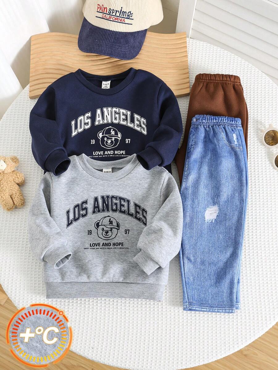 SHEIN 4 件套男婴可爱字母印花长袖运动衫和松紧腰长裤基本款服装秋冬装 - 彩色 - 查看 1