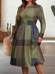 EMERY ROSE Casual Retro Plaid Pattern Fitted Crew Neck Long Sleeve Plus Size Dress, Suitable For Autumn/Winter
