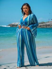 Swim Vcay Bộ đồ bơi bikini ba góc hở lưng gợn sóng mùa hè cỡ lớn cho nữ kèm quần dài che phủ đồ bơi, đồ bơi 4 món có thể tháo rời - Nhiều màu - Xem 2