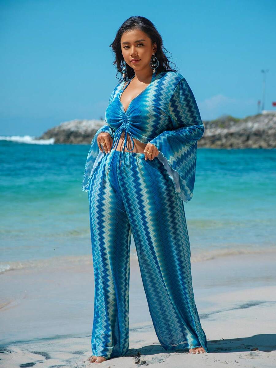 Swim Vcay Bộ đồ bơi bikini ba góc hở lưng gợn sóng mùa hè cỡ lớn cho nữ kèm quần dài che phủ đồ bơi, đồ bơi 4 món có thể tháo rời