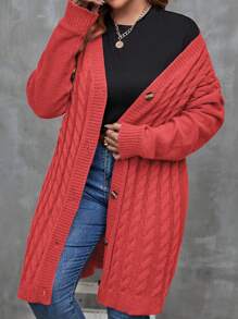 Franclia Plus Size Women's Solid Color Drop Shoulder Long Sleeve Single-Breasted Casual Loose Cardigan, Autumn/Winter