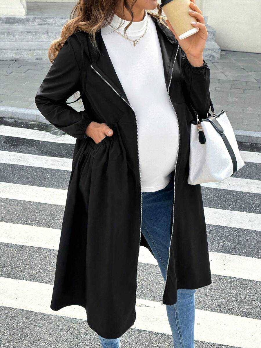 SHEIN 孕妇纯色长袖拉链前口袋休闲连帽夹克,秋季 - 黑色 - 查看 1