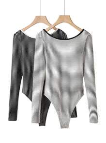 SHEIN BASICS 2pcs Set Casual Knitted Striped Backless Long Sleeve Bodycon Bodysuit For Women