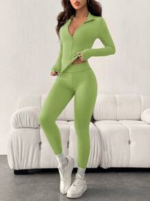 SHEIN EZwear Black Two Pieces Set Sportswear Zip Up Jacket & Leggings