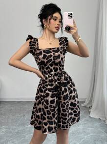 Breezaya Random Leopard Print Lace-Up Backless Ruffle Hem Dress