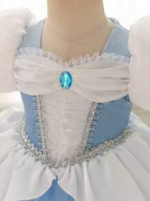 SHEIN Glamorique Kids 圣诞节,派对装,圣诞老人连衣裙,新年连衣裙,圣诞女婴连衣裙,万圣节女婴连衣裙,公主连衣裙,天鹅绒袖套装,生日派对婚礼节日连衣裙,女童蓝色泡泡袖连衣裙,蓝色薄纱,宝石,舞台COS - 藍色 - 查看 4