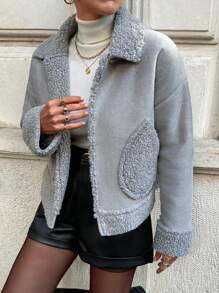 SHEIN Szara kurtka Teddy Sherpa z kołnierzem
