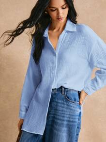 Poéselle 素色落肩袖前紐扣襯衫 - 淺藍色 - 查看 1