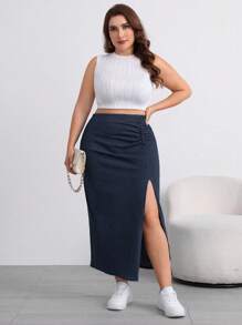 SHEIN Essnce Plus Size Denim Mini Skirt, Casual Ruched Side Slit Stretchy Blue - Dark Wash - View 5