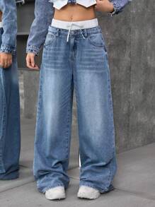 SHEIN Tienermeisje Y2K Blauwe Denim Thermische Gevoerde Kleur Blokkerende Tailleband Wijde Pijpen Broek, Herfst/Winter, Meisjes Herfst En Winterkleding, Coole Outfit/Meisjes Thanksgiving Outfit