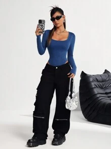 SHEIN PETITE Women Sexy & Tight Blue Denim Jumpsuit With Suspenders, Long Sleeve - Medium Wash - View 6