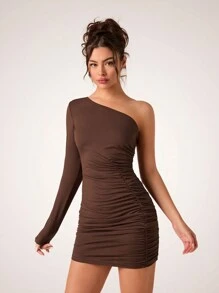 Glamine Đầm mini dài tay hở vai cho nữ, Đầm thanh lịch - Cà phê nâu - Xem 7