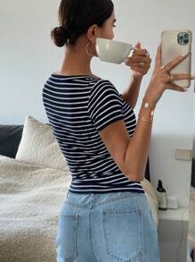 DAZY Women Stripe Print Fitted Half-Zip Short Sleeve T-Shirt