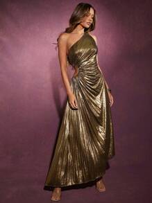 Hauture Winter Women Clothes, Women's Elegant One-Shoulder, Waist Hollowed-Out Gold Metallic Pleated Long Dress, Dress. For Date Night, Concerts, Performances, Wedding, Parties, Clubs, Evening, Formal Dress