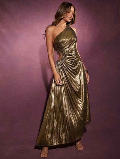 Hauture 冬季女装，女士优雅单肩、腰部镂空金色金属褶皱长裙、连衣裙。适合约会之夜、音乐会、表演、婚礼、派对、俱乐部、晚会、正式礼服