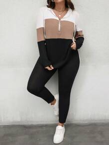 SHEIN LUNE 2pcs Set Plus Size Women Colorblock Hooded Top And Pants Outfit Thanksgiving Outfit Women New Years Women Outfit Winter Clothes Women Rave Outfits New Years Women Outfit Winter Coat Women Winter Clothes Women Tracksuit Women Winter Sets Vacation Two Pieces Set New Year