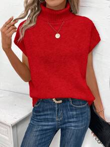 SHEIN LUNE 女士宽松纯色高领蝙蝠袖短袖针织休闲毛衣，秋冬 - 紅色 - 查看 5