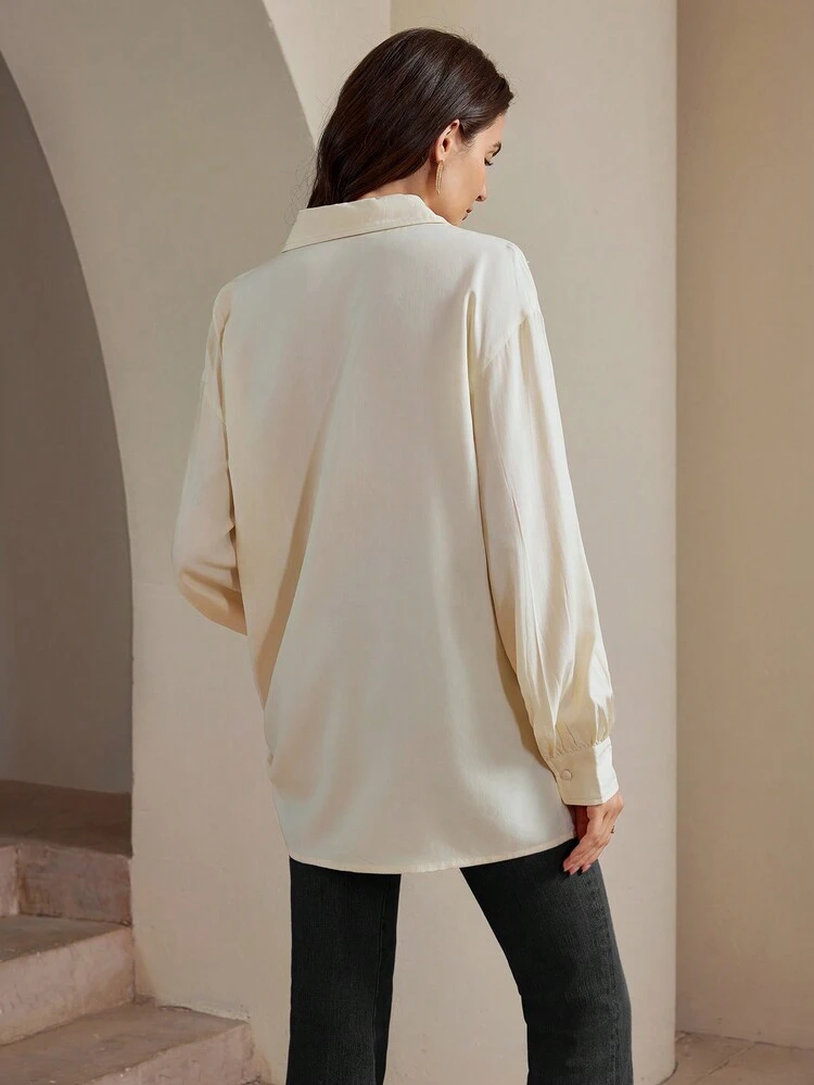 Women's Elegant Pleated Pearl Embellished Collar Long Sleeve Blouse, Soft Feminine Style Women Shirt
