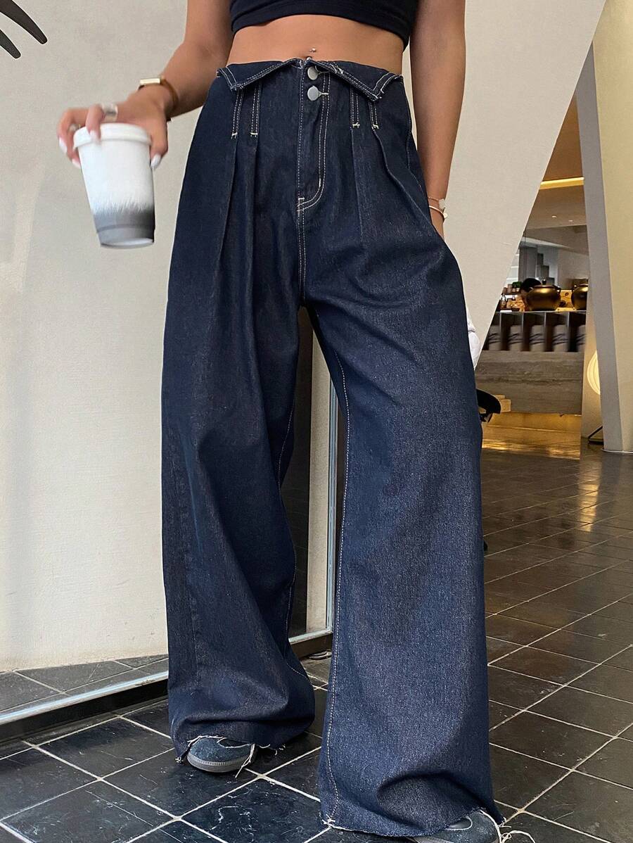 Women Casual Folded Fringed Wide Leg Jeans - Dark Wash - View 1