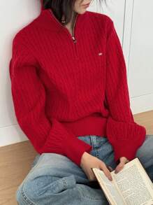 DAZY 1pc Women Solid Color Front Zipper Long Sleeve Sweater, Casual For Everyday,Fall Women Clothes - Red - View 5