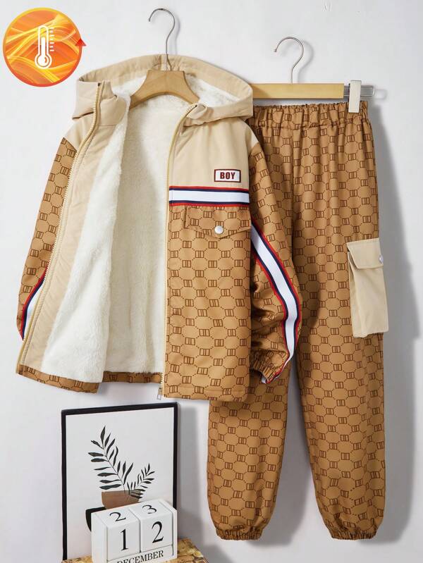 Tween Boys Casual Printed Patchwork Hooded Jacket en Drawstring Pants Set van 2 stuks, geschikt voor dagelijkse herfst-/winterkleding