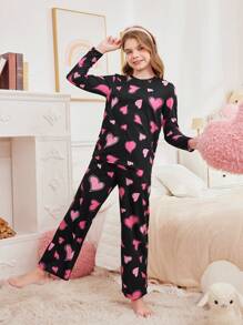 SHEIN 2pcs/Set Tween Girl Casual Crew Neck Long Sleeve Top And Loose Pants Pajama Set, Featuring Heart Print Design, Flame Retardant, Sibling Outfits (Sold Separately), Valentine's Day - Black - View 6