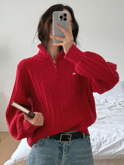 1pc Women Solid Color Front Zipper Long Sleeve Sweater, Casual For Everyday,Fall Women Clothes